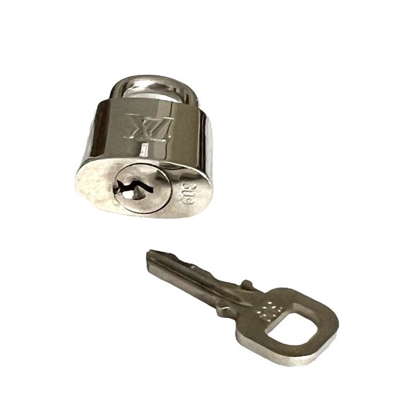 LOUIS VUITTON: Silver/Brass, Metal "LV" Logo Padlock #309 (L1168) - Picture 6 of 8